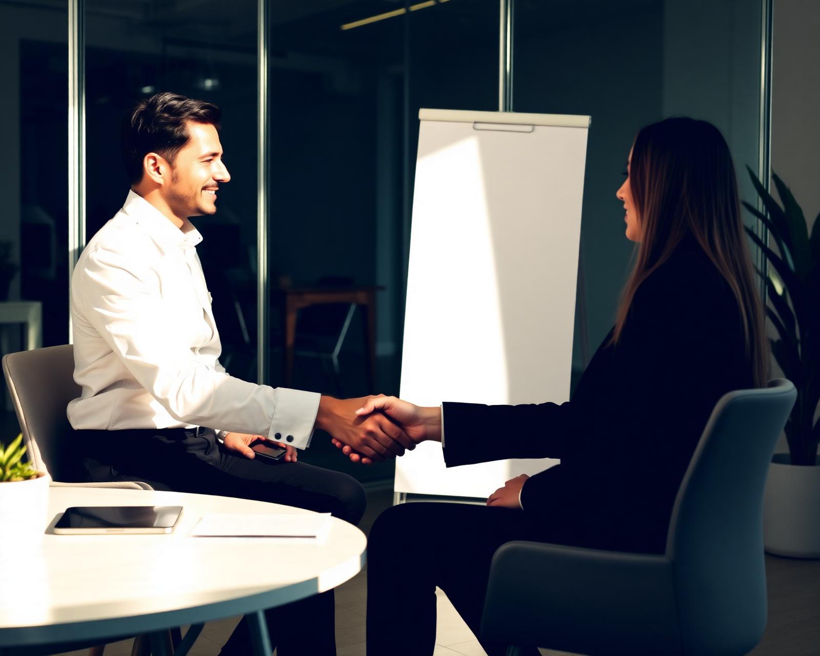 Recrutadora e candidato a cumprimentarem-se numa entrevista de emprego em ambiente corporativo moderno