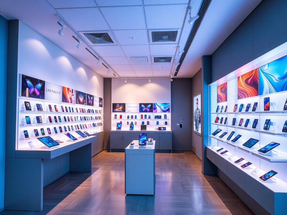 Interior de loja moderna de telecomunicações com smartphones e tablets em exposição