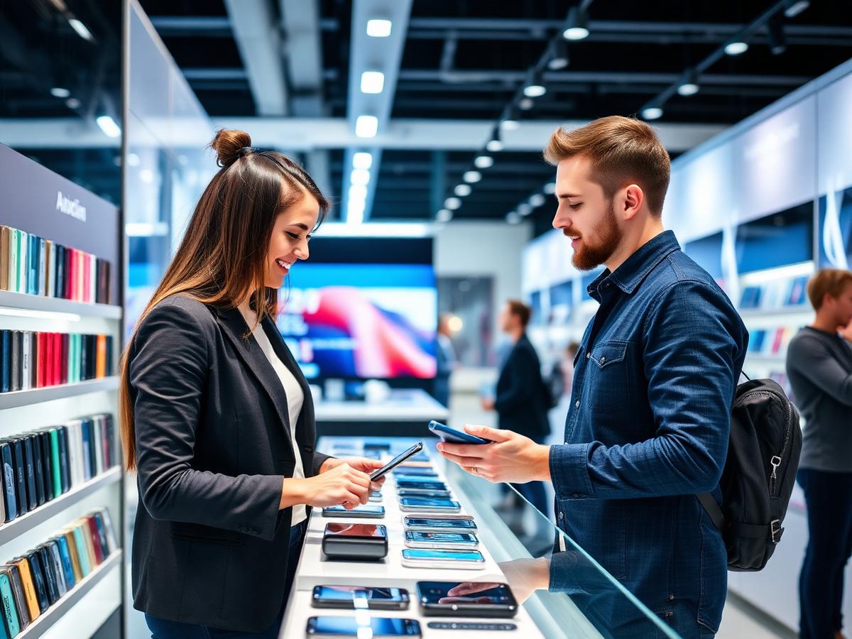 Colaborador a ajudar um cliente a escolher um smartphone numa loja moderna